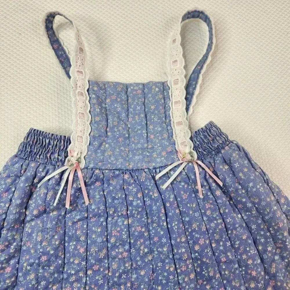Vintage 80s Her Majesty Girls 3T Jumper Dress Blue Quilted Floral Prairie